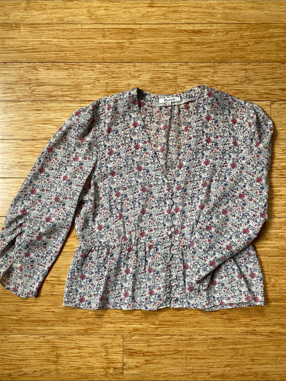 Madewell Silk Floral Peplum Blouse, Cream with Red & Blue Flowers